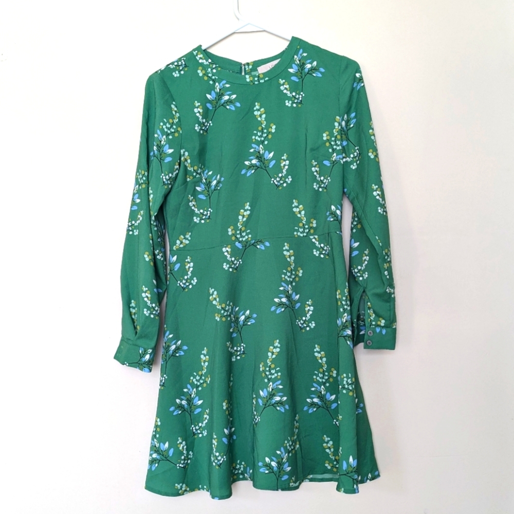 LOFT Petite Floral Green Long Sleeve Swing Dress